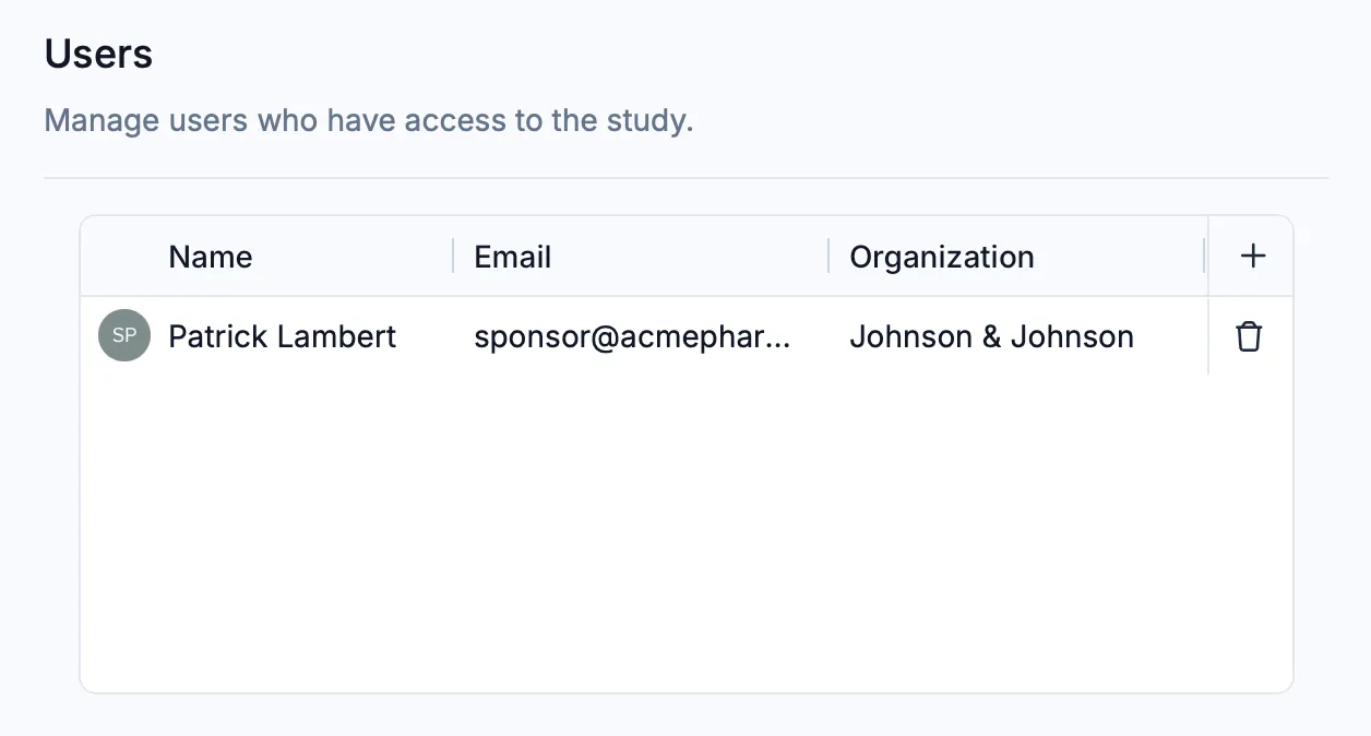 The study-level user management screen.