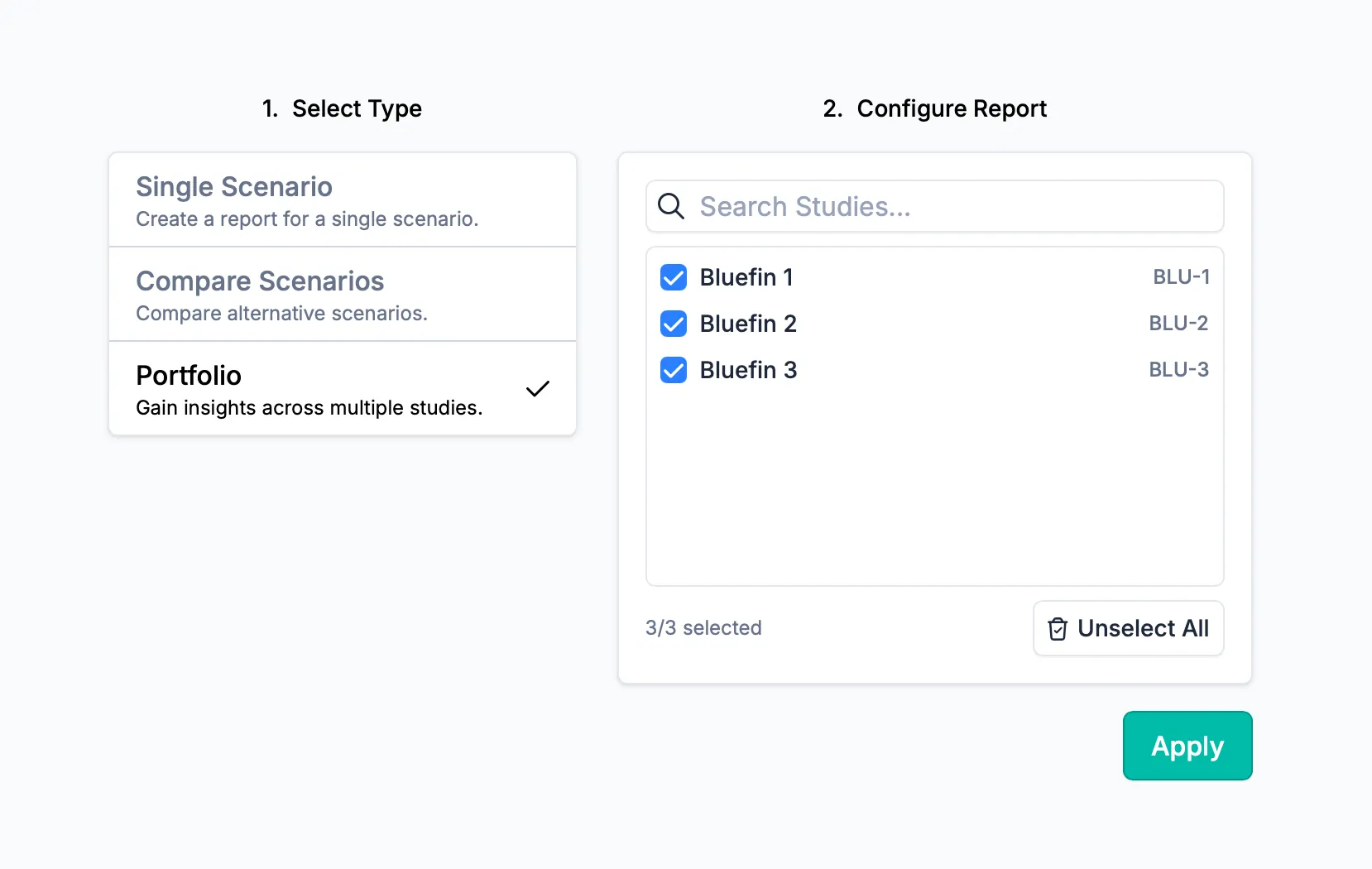 The new report selection screen