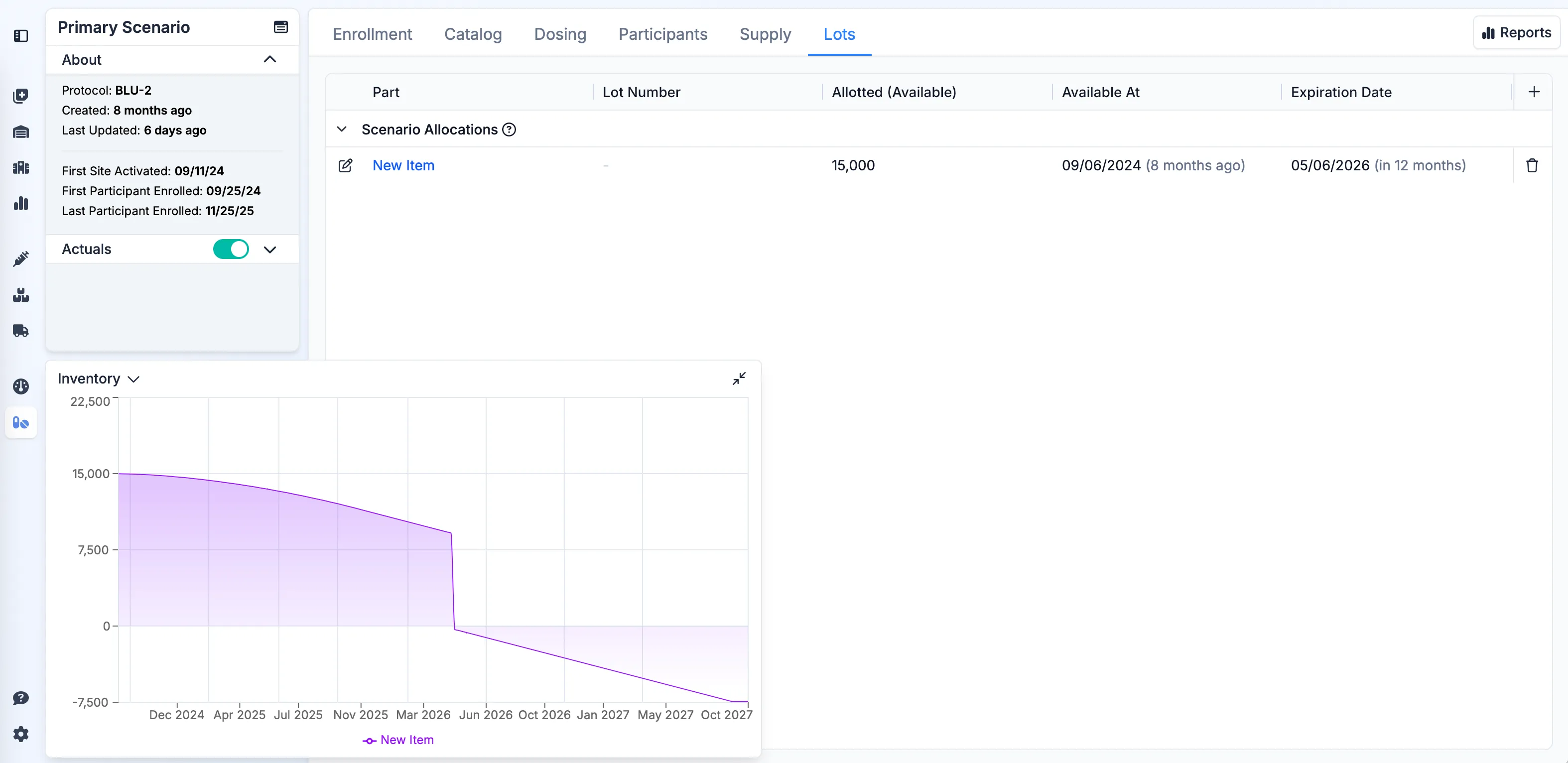 The “Inventory” preview, with the lot allocation screen behind it