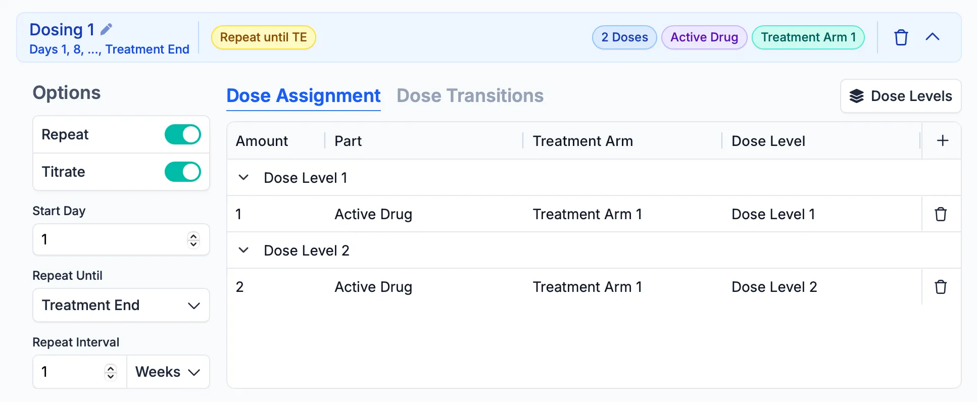 Use the new “titrate” option in a Dose Block to customize the Dose Levels and have participants transition between levels.