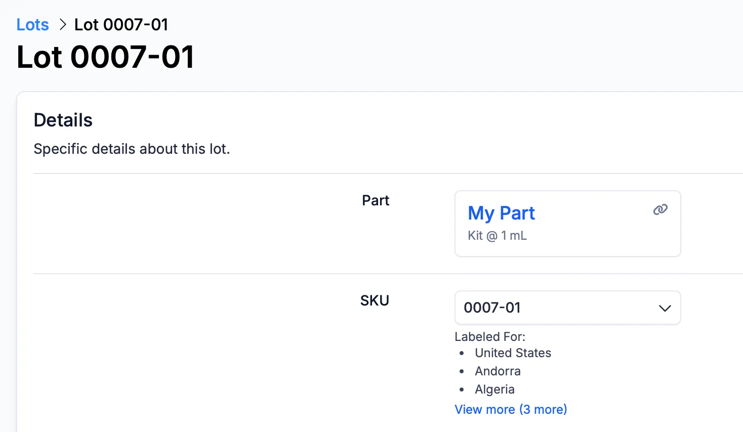 Lot detail with a selected SKU, which is labeled for 6 countries