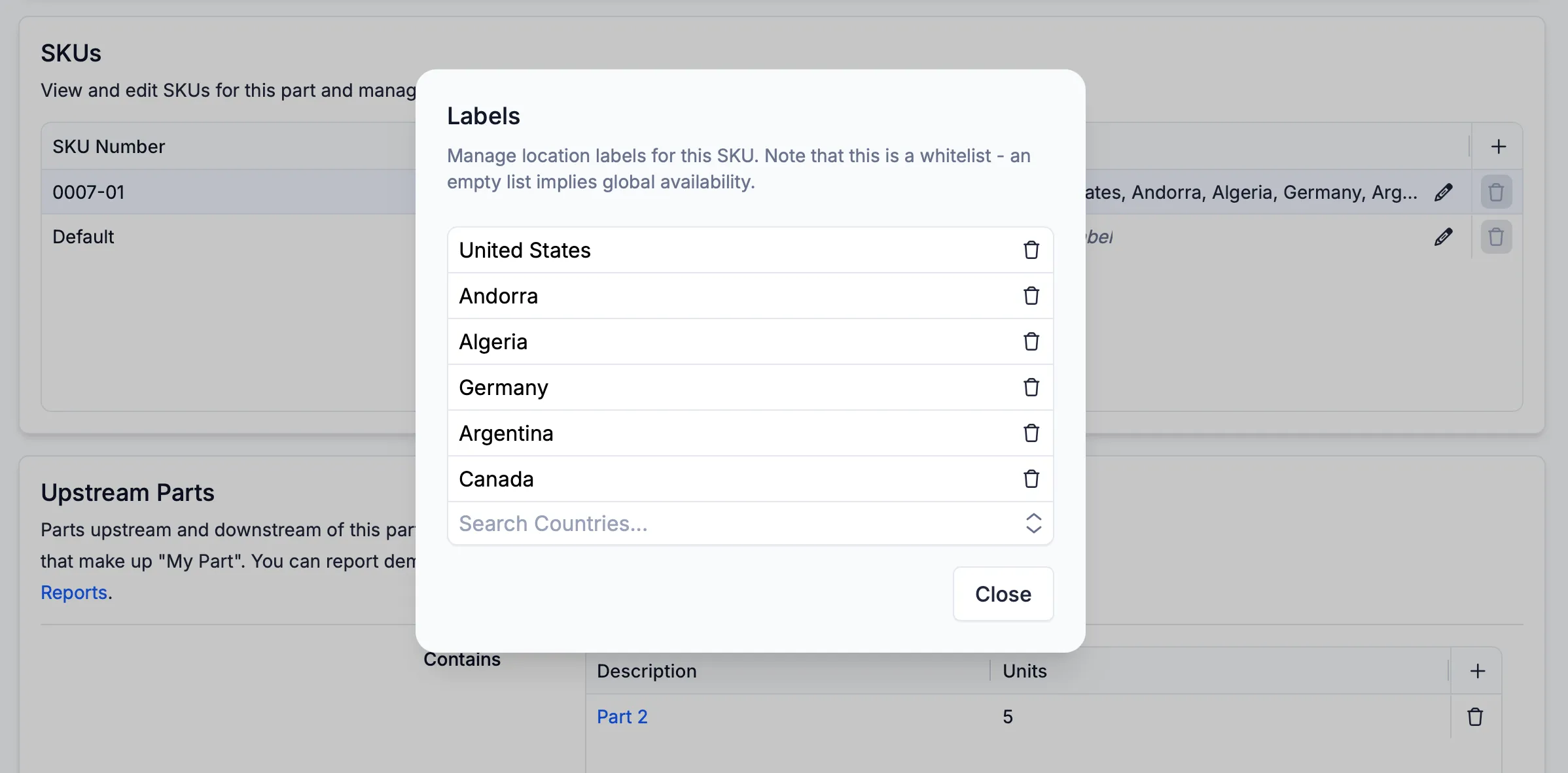 Managing labels for a specific SKU
