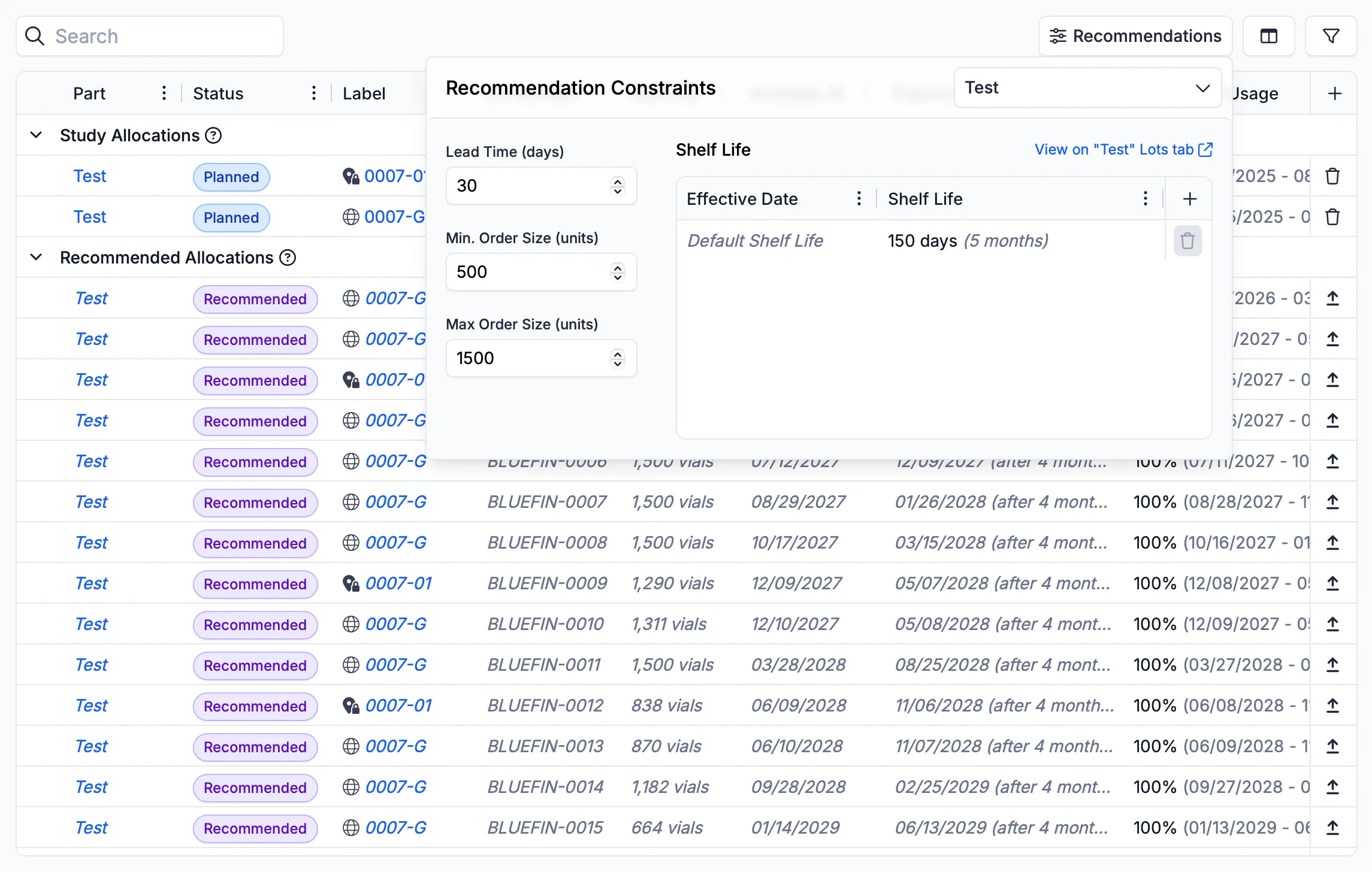 The new lot recommendations interface, with constraints overlaid.