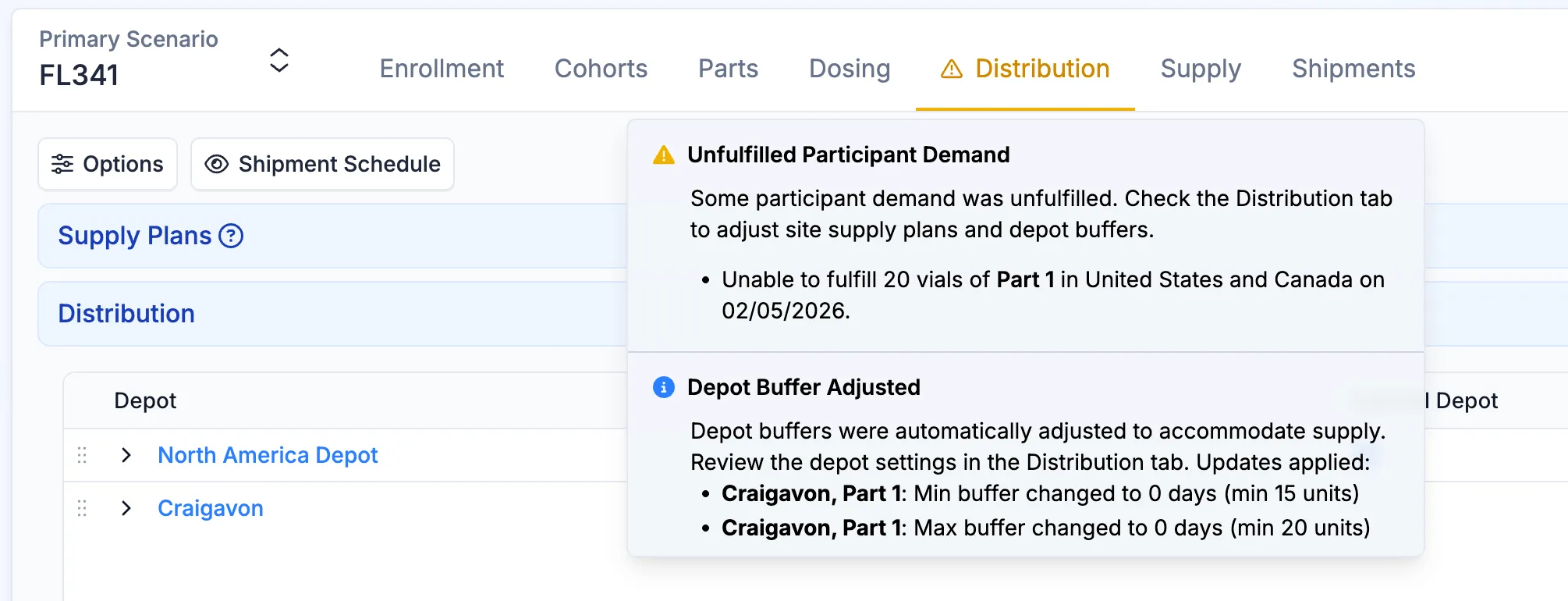 Two notices under the “Distribution” tab, indicating unfulfilled participant demand and depot buffer adjustment recommendations.