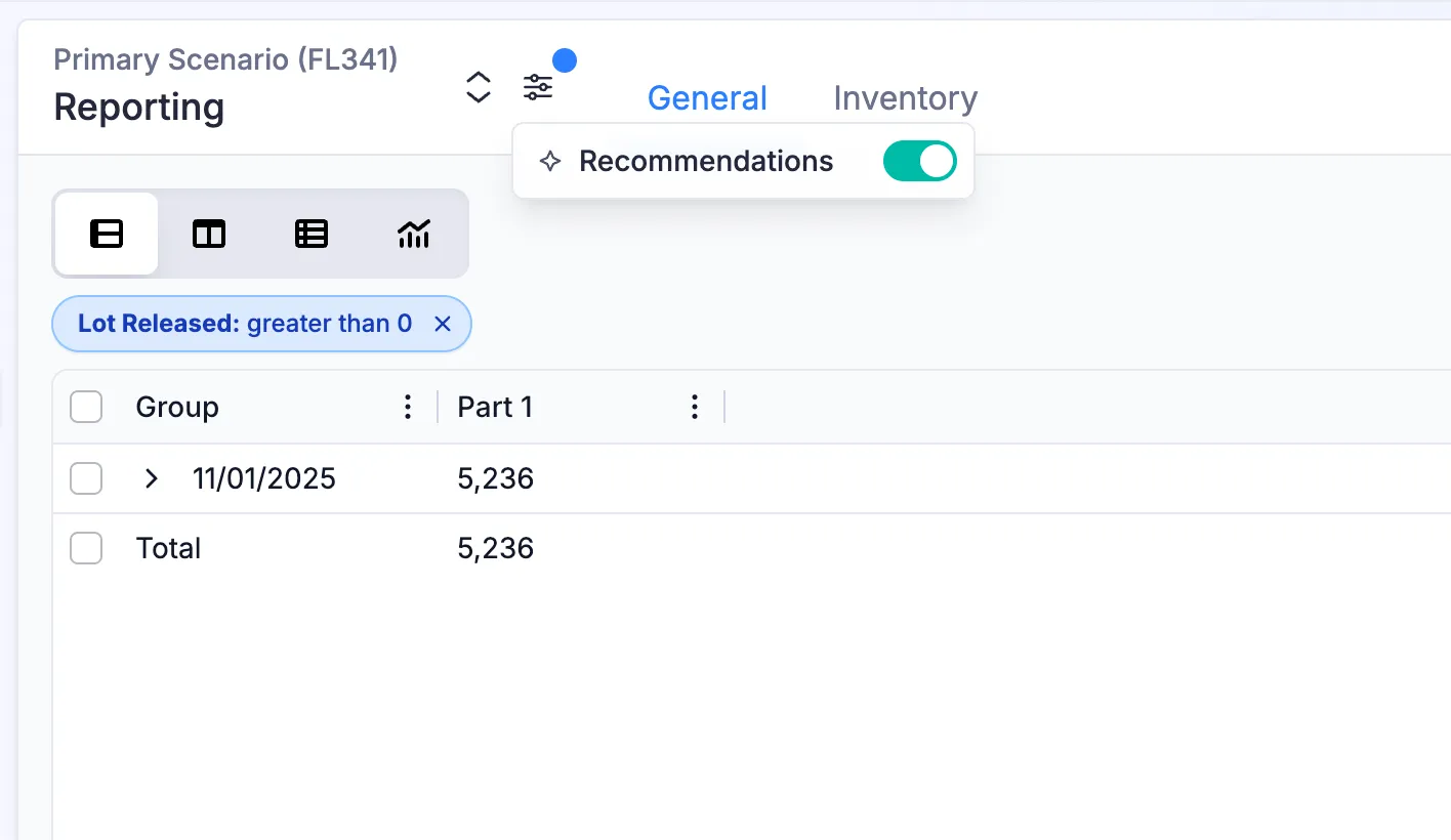 Recommendations can be enabled on reporting to view the lots that Bluefin recommends.