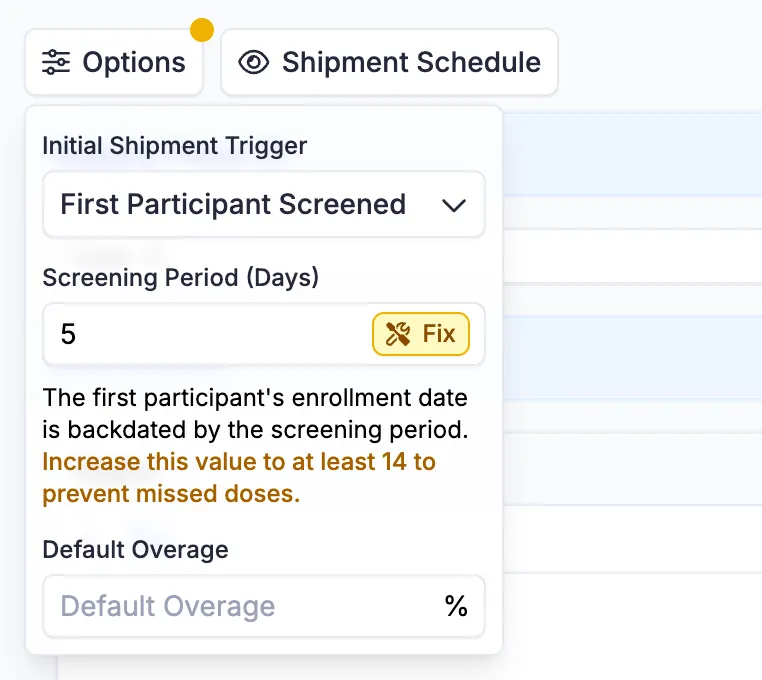 A short screening period, less than the lead time from site to depot, could cause a seeding shipment to miss first doses.